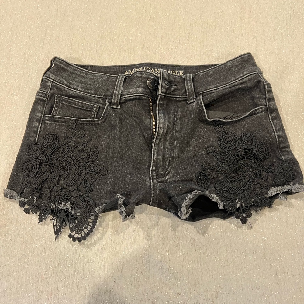 American Eagle Women's Black Denim Hi-Rise Shortie Jean Shorts Crochet